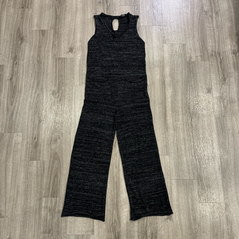 Zara Knit Sleeveless V-Neck Jumpsuit Women Size Medium Gray Linen Blend Pockets